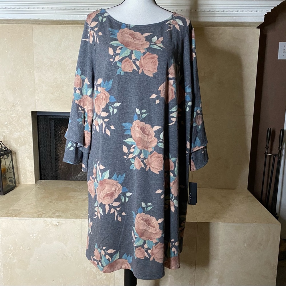 - Alix Plus Size 2X Dress  pink roses ruffle sleeves